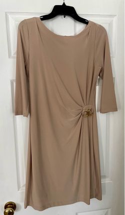 Tan 3/4 Sleeve Dress with Gold Buckle