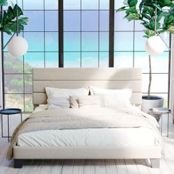 King Platform Bed with Fabric Upholstered Headboard and Wooden Slats