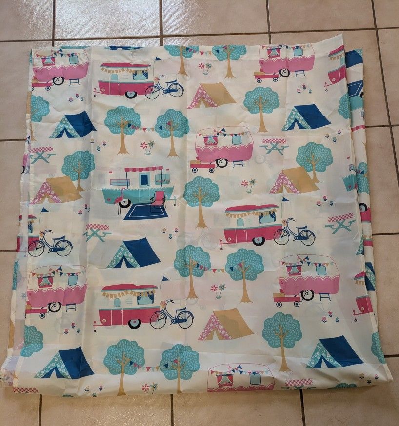 Shower Curtain And 12 Hooks Campers Tents Bicycles Flowers Trees Bathroom Accessories