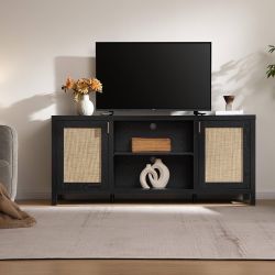 Rattan TV Stand for Living Room - 26" Tall Farmhouse Entertainment Center with Storage and Wicker Door, Media TV Console Cabinet for TVs Up to 65 Inch
