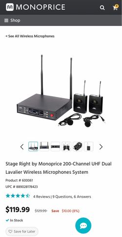 Stage Right by Monoprice 200-Channel UHF Dual Lavalier Wireless Microphone System (New)