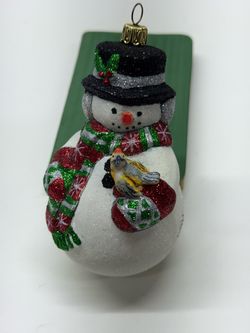 Snowman Christmas Ornament Glitter Cardinal Bird Black Hat 5.5” Holiday Decor