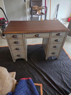 Solid Wood 9-Drawer Double Pedestal Desk Two-Tone Pale Sage Green &  Wood Stain Top.