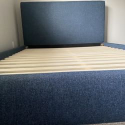 Modern Blue Upholstered Queen Bed Frame – Solid Slats, No Box Spring Needed 