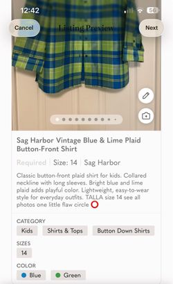 Sag Harbor Vintage Blue & Lime Plaid Button-Front Shirt size 14 Talla