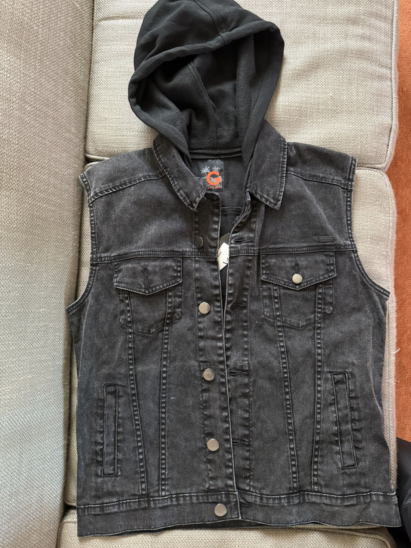 Medium Men’s Black Denim Vest With Hood Guess