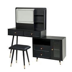 Modern Makeup Vanity Desk with Mirror and Lights, Retractable Design, Black Engineered Wood, 58.50 x 15.80 x 52.30 inches