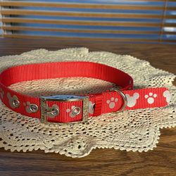 Disney Tails red Mickey Mouse dog collar silvertone hardware