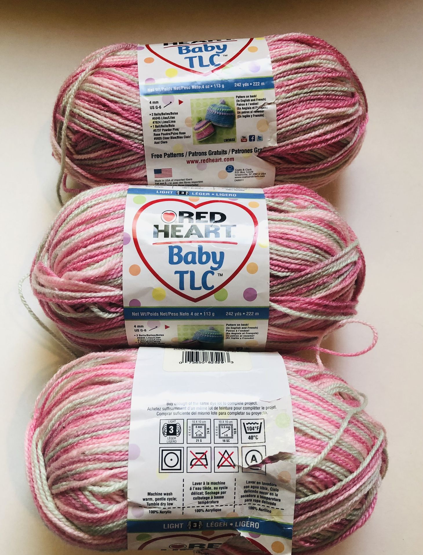Beautiful Baby TLC Yarn Rare Find 3 Skeins by Red Heart color Girlie Girl