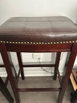 Brown Leather Bar Stool with Nailhead Trim