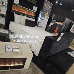💥 Queen, King, Cal King Light Up Fireplace Bed Frames 💥 Furniture Sectionals Avail