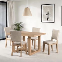 New Dining Table Set In Natural Wood, Free Delivery ✅ Rectangular Oak Dining Table Set, 5pc Dining Table Set 