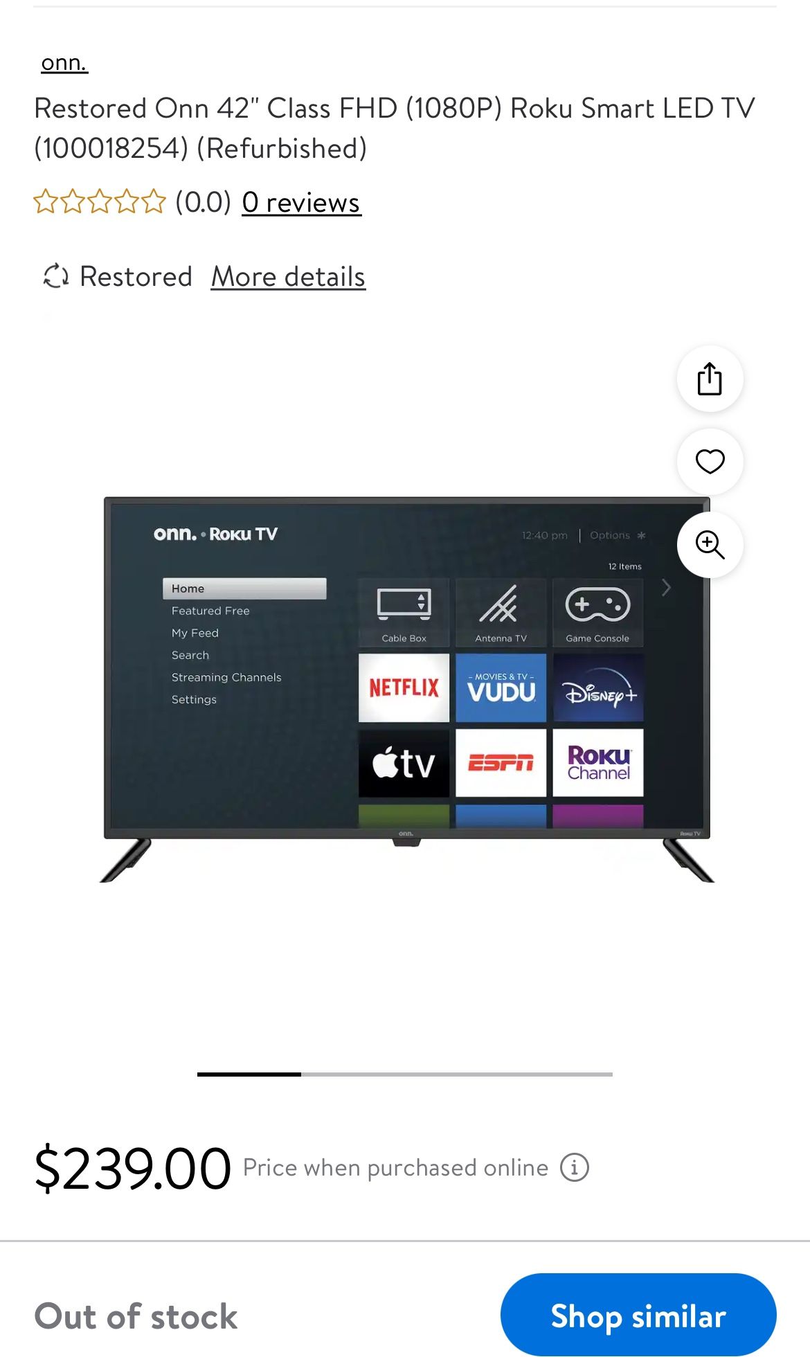 Onn 42″ Class FHD (1080P) Roku Smart LED TV (100018254) · 41.5″ screen