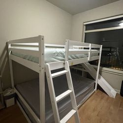 White Bunk Bed w/ Slide, Ladder, Storage Shelves