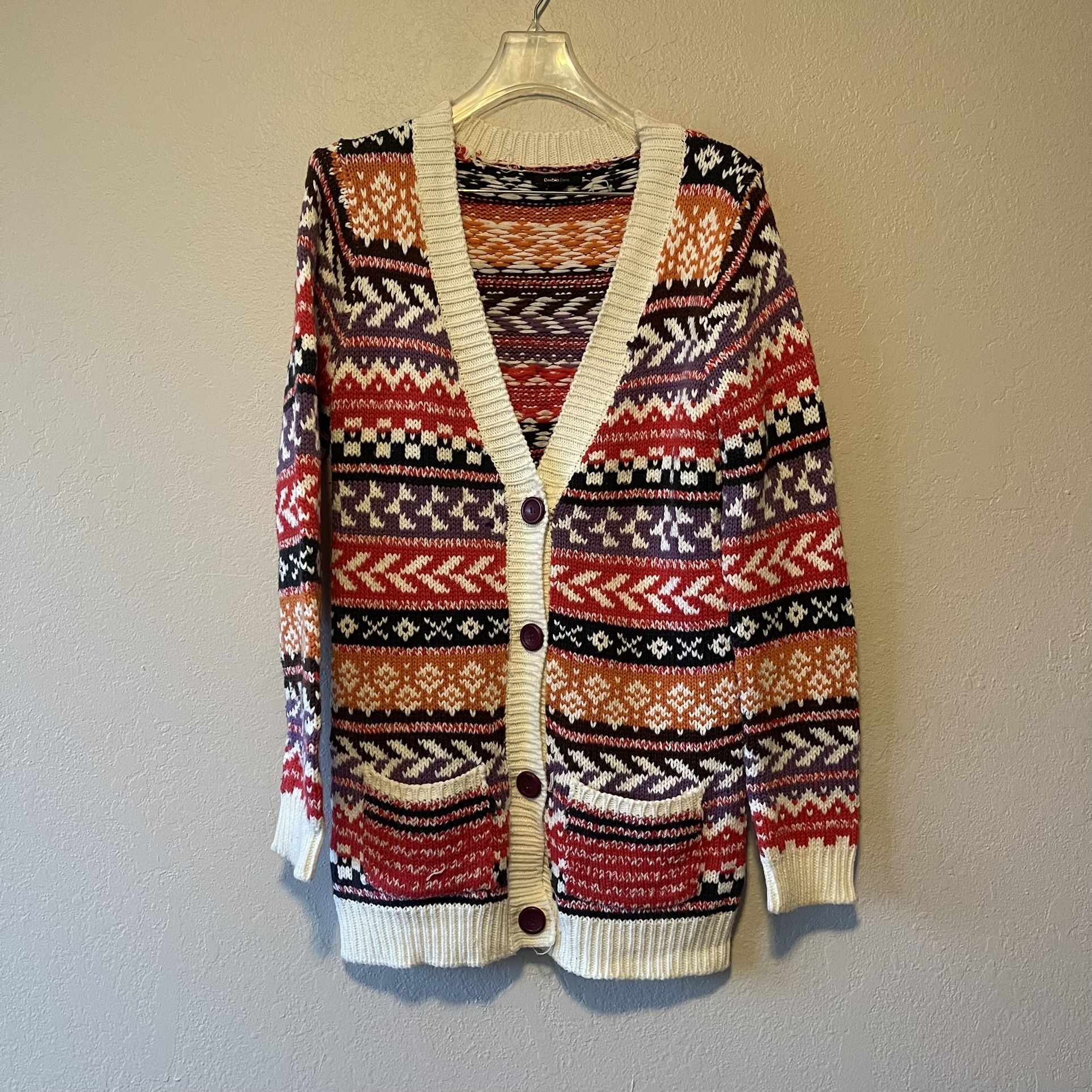 Double Zero, Women’s Multicolored Fair Isle Knit Button Pockets Sweater, Size L