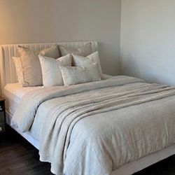 Queen Bed Frame with Wingback Velvet Headboard – Great Condition