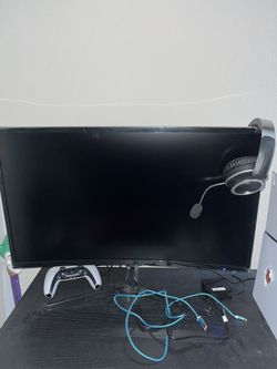 PC Monitor, Desk, and Gaming Chair
