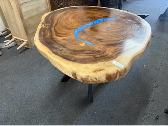 irregular Monkey Pod table with blue epoxy, live edge, $995.