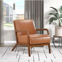 Lexicon Mid Century Modern Accent Chair with Solid Wood Frame and Legs, Upholstered Living Room Chairs Comfy Club Chair, Faux Leather Armchair for Liv