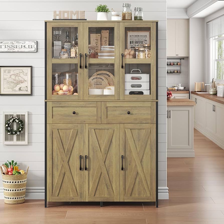 41.3" W Large Kitchen Pantry Cabinet, Pantry Storage Cabinet in Metal Frame, Bar Cabinet with Clear Glass Door, 2 Drawer & Adjustable Shelves, for Liv