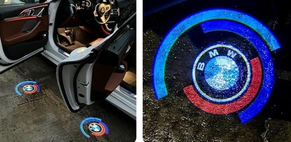 2 BMW 5OTH anniversary car door projector logo lights. Other BMW logo lights, BMW Rim Center Caps, BMW seat belt pads, BMW emblems, BMW  valve caps