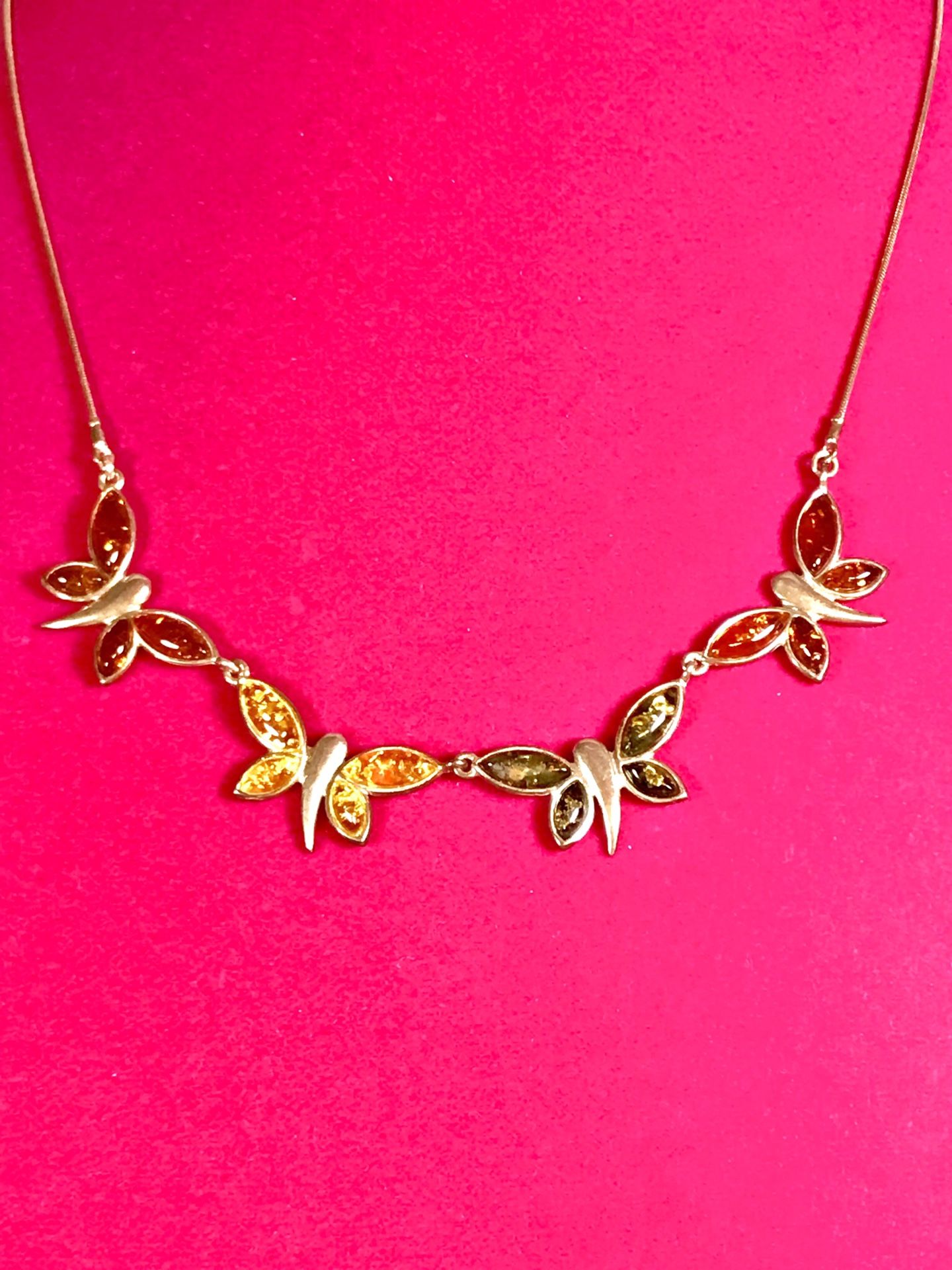 Silver Polish Amber Butterfly Necklace