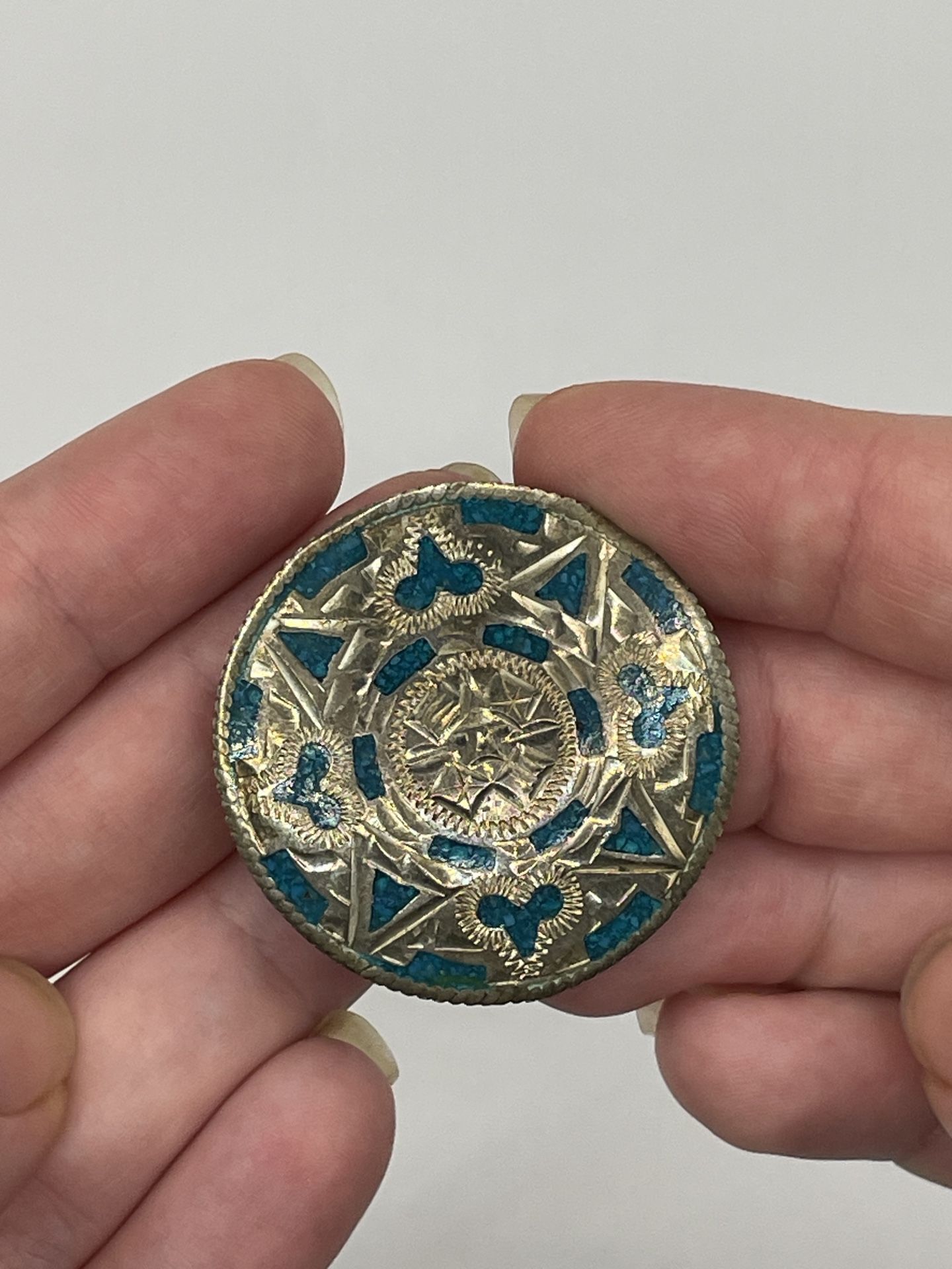 Vintage Circle Pendant/Pin Brooch Silver With Turquoise Markings - 1.5 Diameter