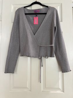 Edikted Gray Ribbed Wrap Crop Sweater with Tie(XL)