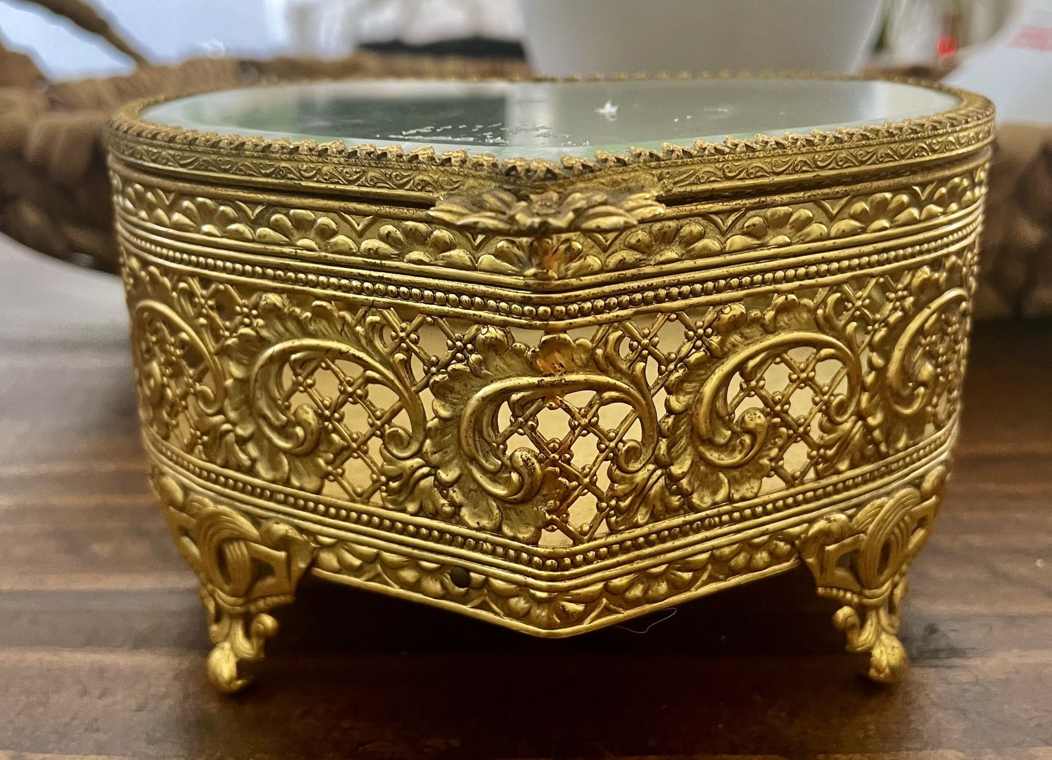 Vintage Hollywood Regency Gold Filigree Beveled Glass Heart-shape Jewelry Box