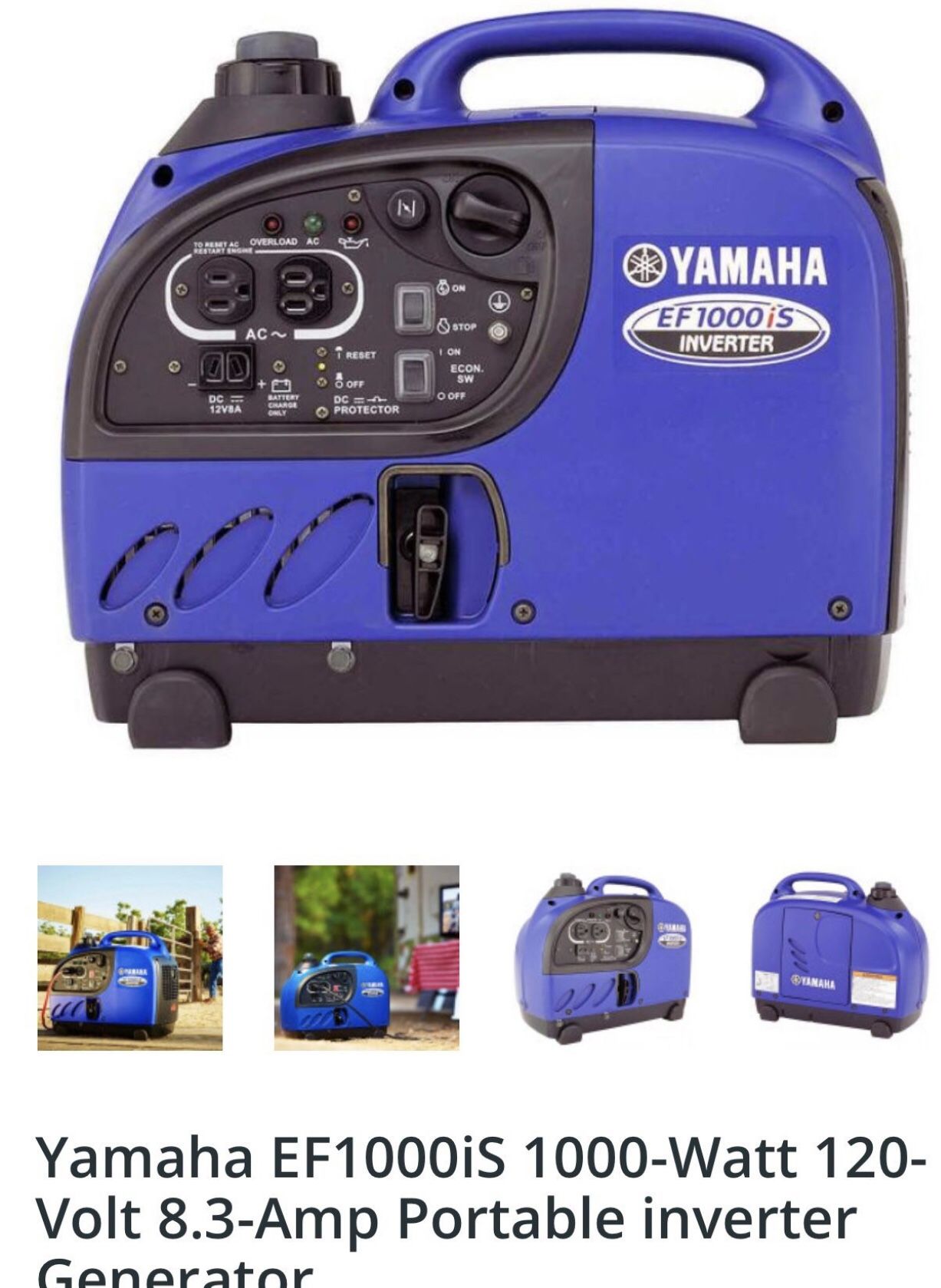 Yamaha EF1000IS 1,000 Watt Inverter Generator 8.3 Amps