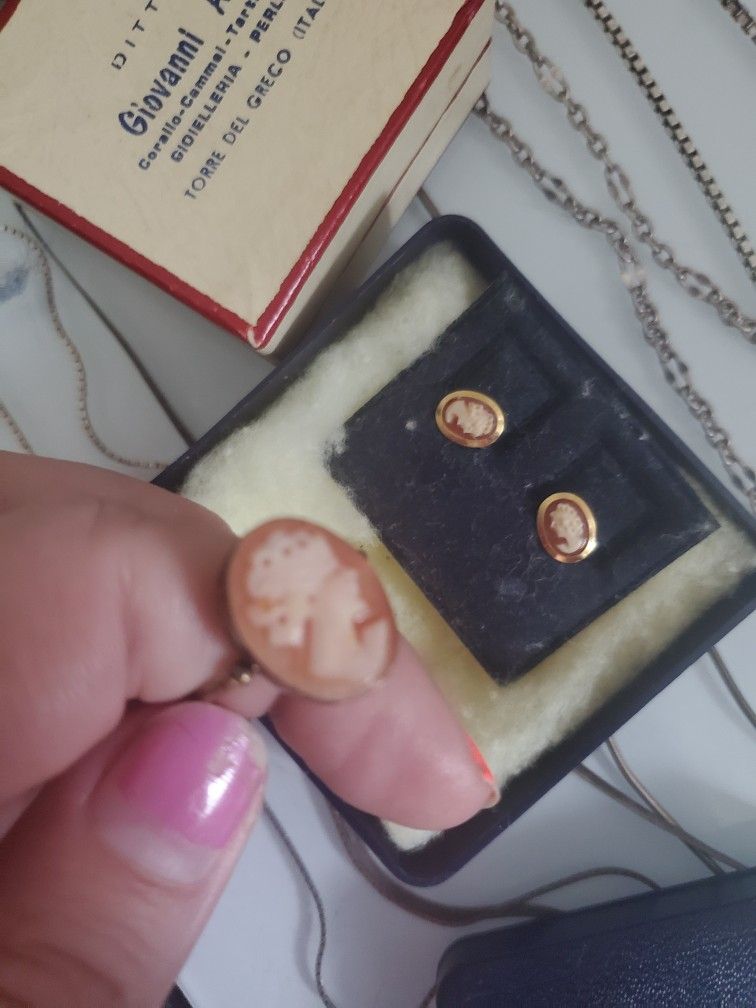 Cameo Gold Plated Sterling Silver Vintage Ring And Earrings