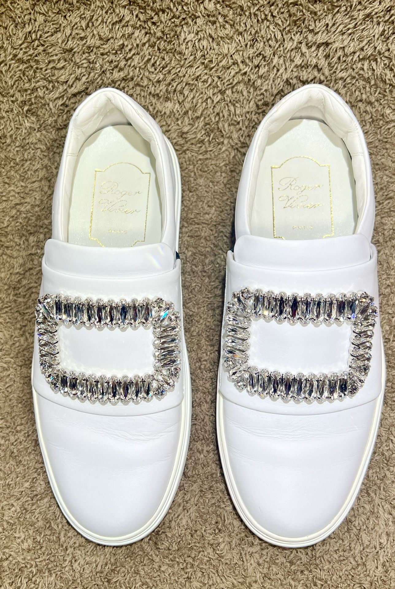 Authentic Roger Vivier Crystal Buckle Leather Sneakers