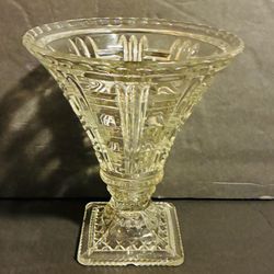 Vintage Pressed Glass Pedestal Vase Trumpet Urn Large Clear Glass 8.5”