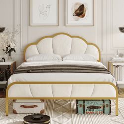 Full Size Bed Frame, Golden Velvet Upholstered Platform Bed with Headboard for Bedroom, Seashell Bed for Kids Girls, Beige