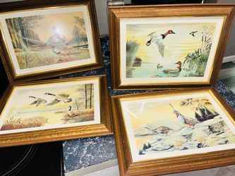 (Set of 4) vintage Ruane Manning framed lithograph wall art pheasant quail duck geese