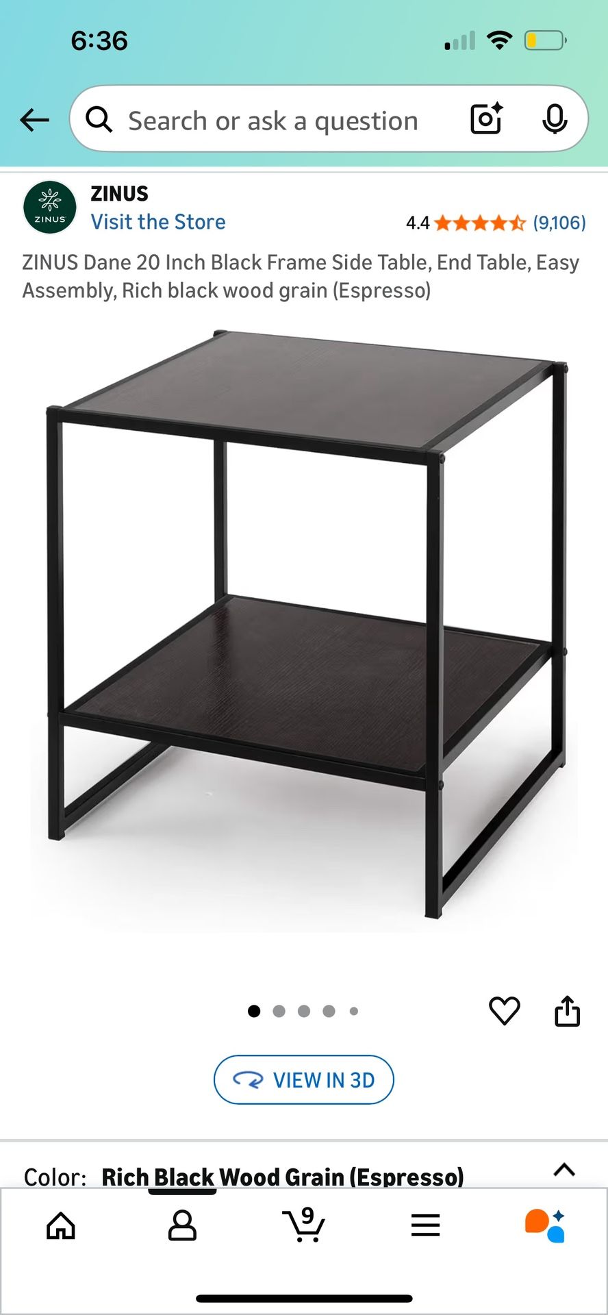 ZINUS Dane 20 Inch Black Frame Side Table, End Table, Rich black wood grain (Espresso)