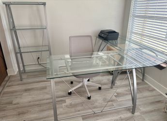 Vista Glass L-Shape Corner Desk & 4-Shelf Glass/Metal Bookcase White adjustable office chair