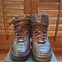 MISTER BROWN PYTHON PRINT/ CALF-SKIN LEATHER HIGH-TOP SNEAKERS
