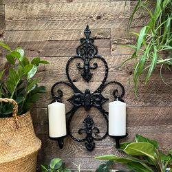 Vintage Black Wrought Iron Candle Plant Holder Wall Hanger Heavy Scroll Floral Rustic Artisanal 