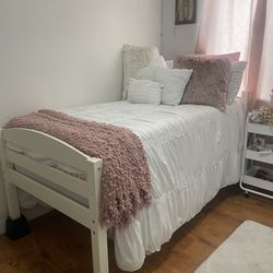 Twin Size Bed With Frame, Mattress And Mattress Topper Included