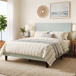 Boucle Upholstered Full Size Bed Frame, Ice Blue Platform Bed with Adjustable Headboard, Wooden Slats Support, No Box Spring Needed, Noise-Free, Easy 