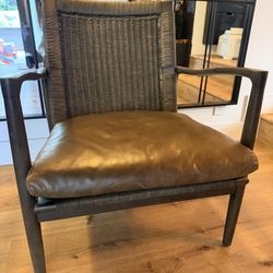 Crate and Barrel Sebago Midcentury Rattan Accent Chair with Leather Cushion