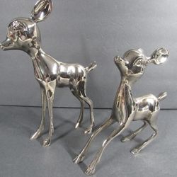 Deer Pair Doe & Fawn Chrome Plated Cast Metal MCM Vintage Statues
