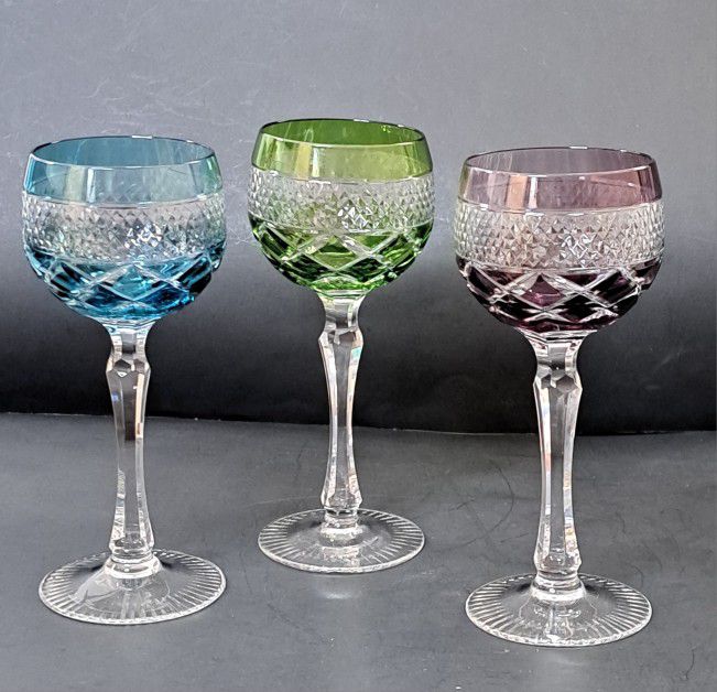 Wine Goblets Glasses Beyer Bleikristall Cut to Clear Crystal 24% PbO 1950s 3 Pcs