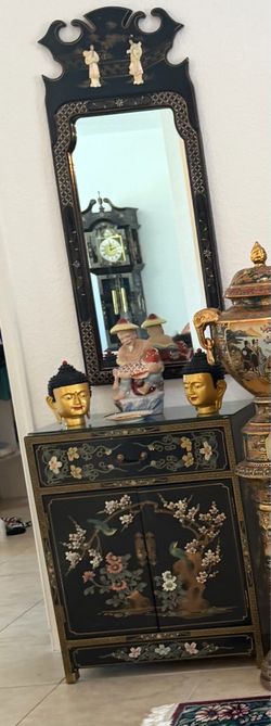 Oriental Asian Design Black Lacquer Chest and Mirror