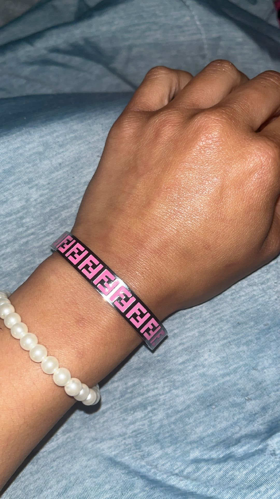 Fendi Silver and Pink Logo Bangle