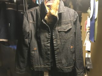 Men’s Yi Jian Mei custom jean jacket fur collar 5 pockets charcoal black Large