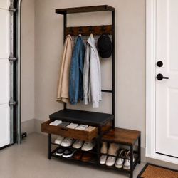 New In Box 40x16x71 Inch Tall Garment Clothing Hanging Rack Shelf Shoe Storage Stand Cushion Bench And 1 Drawer Included 