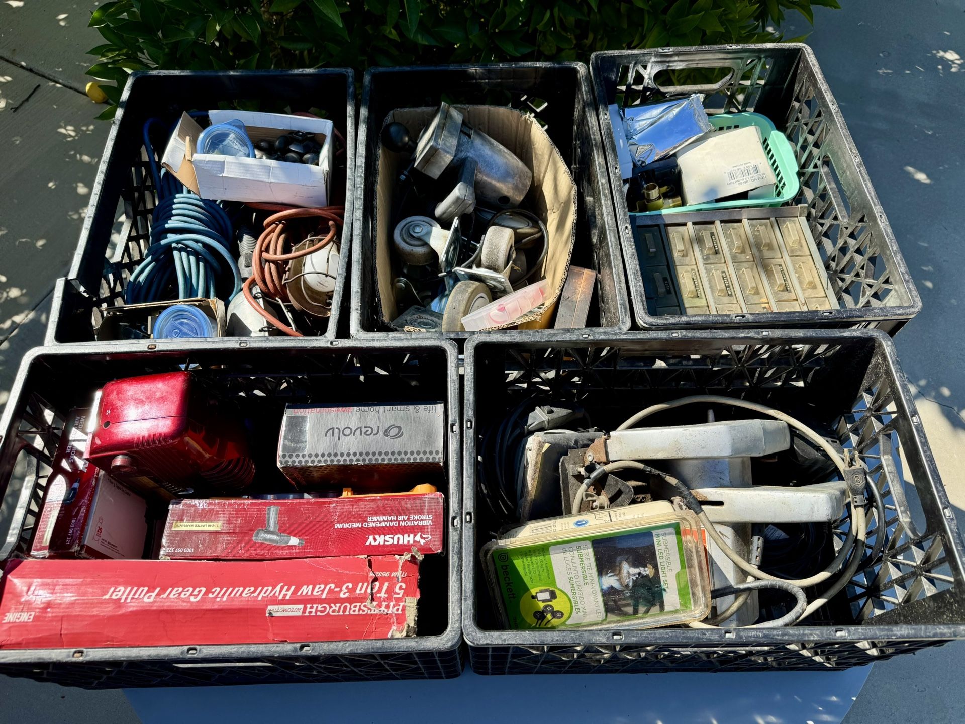 5 Totes / Bins Full Of Miscellaneous Items - Tools Wheels Knobs Power Cord Lighting Jaw Puller