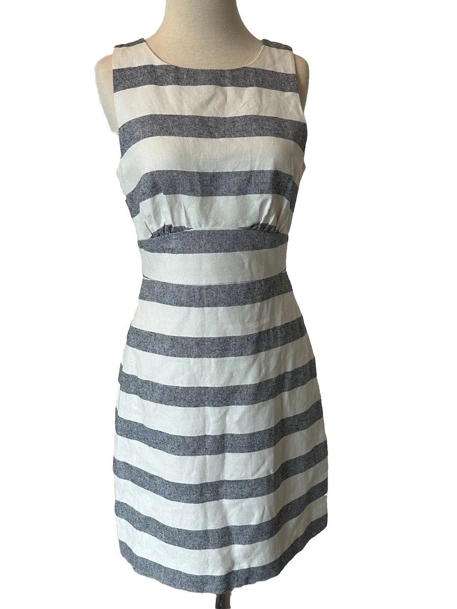 J. Crew Sleeveless Linen Cotton Dress Women's Size 0 White Black Striped preppy